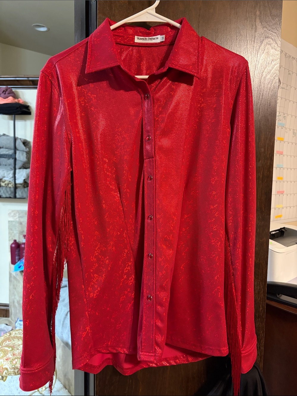 Ranch Dress’n rodeo shirt  size Medium Red Metallic Long-Sleeve - red fringe